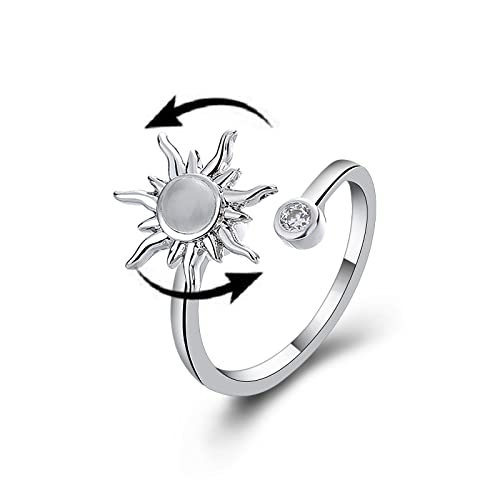COLORFUL BLING Fidget Sunflower Evil Eye Daisy Spinner Stackable Rings Bee Butterfly Adjustable Open Rotatable CZ Cubic Zirconia Anti Stress for Women Wedding Jewelry - style: Sun