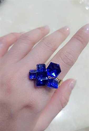 Hebelee Boho Square Crystal Statement Ring for Women Adjustable | Gold-Toned Expandable Promise Engagement Geometric Rings Comfort Fit Elegant Art Deco Christmas Cocktail Y2K Jewelry - color: Blue