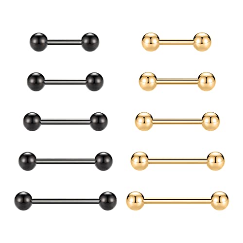 GAGABODY 5 Pairs Nipple & Tongue Rings - 14G Surgical Steel Screw Barbell - Straight, 12mm-20mm - color: Black+Gold