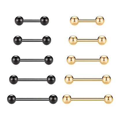 GAGABODY 5 Pairs Nipple & Tongue Rings - 14G Surgical Steel Screw Barbell - Straight, 12mm-20mm - color: Black+Gold