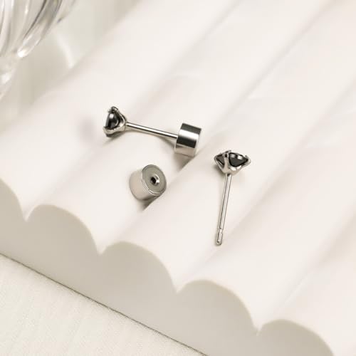 5-6 pairs Push-in Flat Back Stud Earrings Hypoallergenic Surgical Stainless Steel Cubic Zirconia Earrings Studs Set Multi-Pack, CZ Stud Earrings for Women Men Trendy Cartilage Stud Earrings 2-8mm - color: black-2/3/4mm(6pairs)