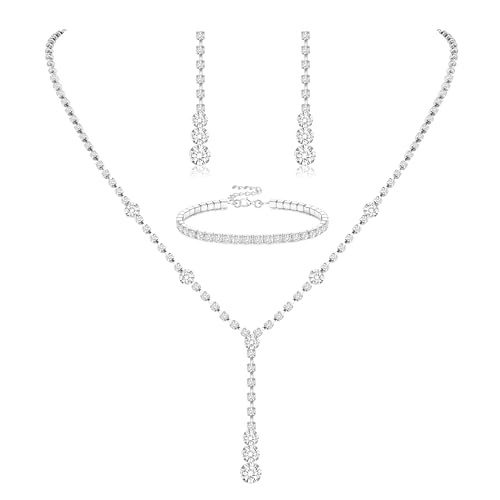 Jstyle Silver Jewelry Set for Women Sparkly Crystal Wedding Accessories | Wedding Jewelry Set for Bride Bridesmaids, Rinstone Necklack Bracelet Earring Set, Jewelry Gifts for Prom Party Birthday - color: Silver Plated 4