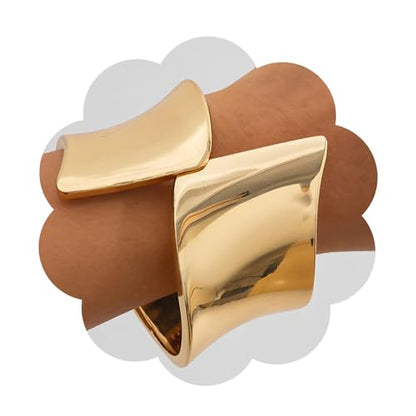 14K Gold Plated Open Cuff Bracelet for Women - Chunky Minimalist Geometric Arm Cuff, Adjustable Spring-Loaded Gold Bangle, Trendy Tarnish Resistant Statement Jewelry