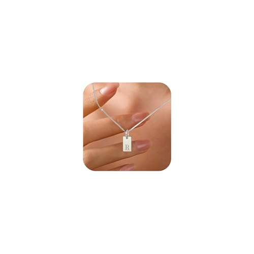 LOVECOM 925 Sterling Silver Initial Necklaces for Women Daughter | Dainty 14k Gold Plated Letter Name Square Pendant Necklace A-Z Personalized Tag Charm Chain Jewelry Birthday Gifts for Mother - color: Silver R