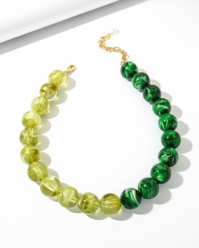 Chunky Beaded Choker Necklace for Women Boho Statement Necklace with Large Pearl Blue Brown Tone Resin Beads Summer Beach Jewelry Gifts - color: Two-Tone Green
