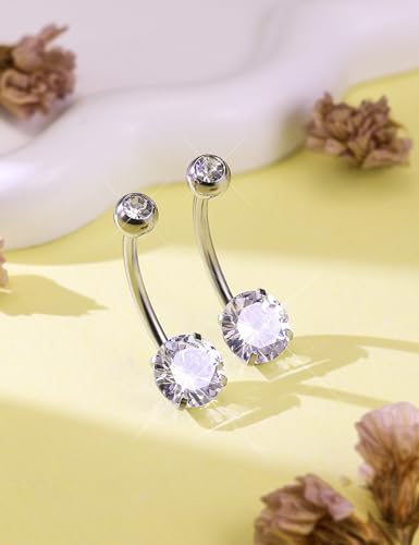 Long Belly Button Ring 6mm 8mm 10mm 12mm 14mm Surgical Stainless Steel Round Cubic Zirconia Navel Barbell Long Bar Belly Button Piercing Jewelry Silver, black, rose gold belly ring - color: 2pcs-14mm-Silver navel ring