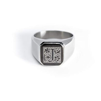 Jewelry | Stainless Steel Letter Alphabet Initial Ring | Square Flat Top Ring for Men & Women | Stainless Steel Jewelry, (Black, Gold, Silver), Size 7-16 - color: Silver, size: 9.5, style: Letter J