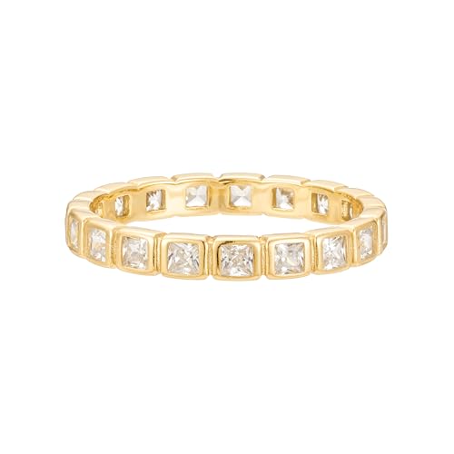 CAITLYNMINIMALIST Minimalist Eternity Bezel Gold Birthstone Ring, Dainty Stacking Gemstone Ring for Her, 18K Gold Plated Summer Jewelry, Personalized Gift for Her - color: Diamond