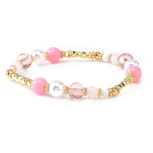 Handmade Stackable Rice Seed Beaded Ball Bracelets set for women, Romantic Boho Trendy Acrylic Glass Stretch Accessories Multi Layer Jewelry, Daily Wear Party Holiday Friendship Gift - color: Pink