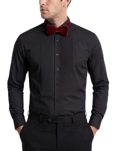 FAHIZO Men's White Tuxedo Shirt with Wing Collar, French Cuffs & Accessories - color: Bow Tie/Black, size: Medium