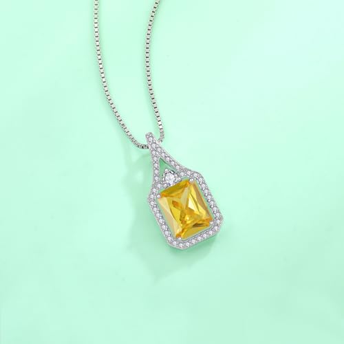 Created Gemstone Necklace 925 Sterling Silver Halo Rectangular Pendant Birthstone Necklaces Jewelry Gifts for Women - color: 11 November - Citrine