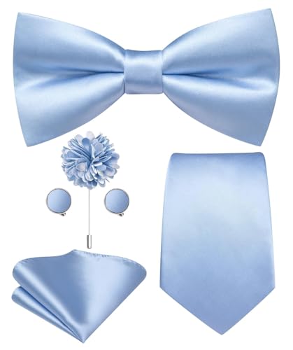 Hi-Tie 5Pcs Mens Solid Color Silk Tie Satin Pretied Bowtie Lapel Pin for Men Handkerchief Cufflink Wedding Gift Box - color: Baby Blue