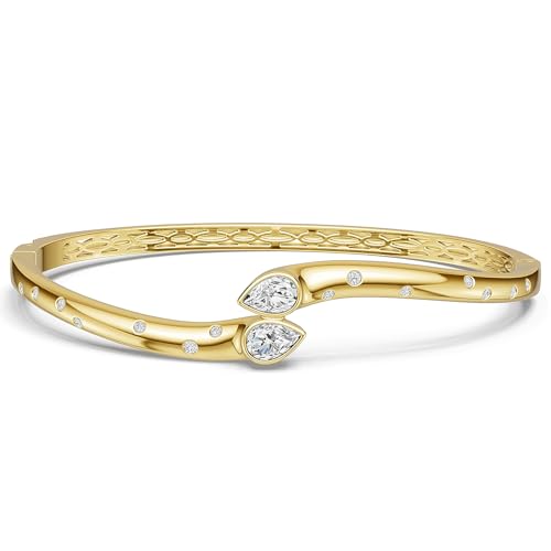 AuraLyric Gold Bracelets for Women, 14K Gold Plated Nail/Love/Emerald Green/Teardrop/Round White CZ Bangle Bracelets, Stackable Gold Bangles Non Tarnish, Gifts for Wife Mom Daughter 6.5 Inch - color: White CZ - Pear