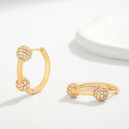 Huggie Hoop Earrings 14K Gold Plated Cubic Zirconia Dainty Simple Cute Beads Elegant CZ Circle Small Hoop Earring for Women Minimalist Handmade Hypoallergenic Jewelry - color: Balls-2
