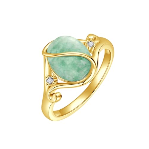 Gemstone Ring S925 Sterling Silver Vintage Oval Jade/Opal/Moonstone/Mood/Obsidian/Moss Agate/Turquoise Ring Gemstone Jewelry Gifts for Women - color: Jade Gold, size: 6