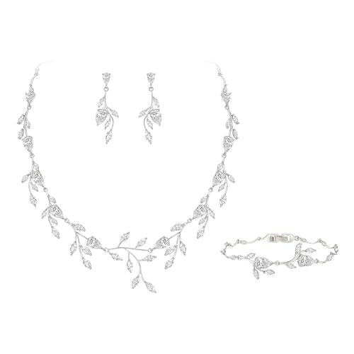 Cubic Zirconia Leaf Vine Wedding Jewelry Set for Bride Women Bridesmaid | Pear-Shaped Birthstone, Necklace Dangle Earrings for Bridesmaid, Silver-Plated-Brass - color: 3pcs_Clear Silver-Plated-Brass