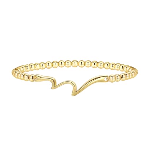 Beaded Bracelets for Women 14K Silver Gold Plated Stretch Handmade Ball Bracelets Cute Charm Bracelet Dainty Stackable Cross Heart Bow Wave CZ Circle Trendy Jewelry Easter Gifts - color: wave