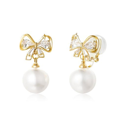 YOQUCOL Golden Bow Clip On Stub,Danle Drop Earrings for Women Simulated Pearl Christmas Xmas Bowknot Non Pierced Earrings - color: Dangle Clip-01