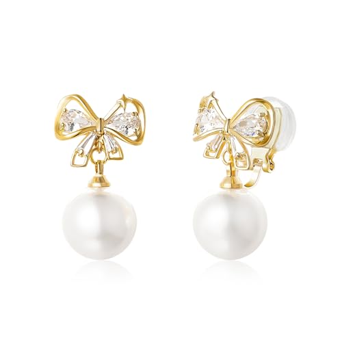 YOQUCOL Golden Bow Clip On Stub,Danle Drop Earrings for Women Simulated Pearl Christmas Xmas Bowknot Non Pierced Earrings - color: Dangle Clip-01