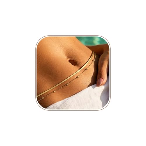 Coshilta Gold Waist Chain for Women, 14K Gold Plated Layered Belly Belt Chains Beach Waist Beads Chain Waterproof Herringbone Snake Body Chain Summer Stack Jewelry Accessories for Women