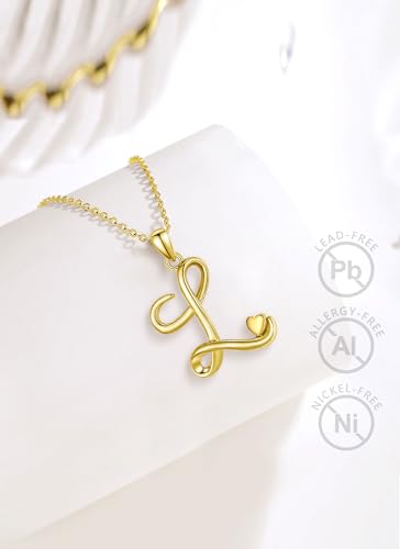 CELESTIA 925 Sterling Silver Initial Necklaces 26 Letter with Rose Gold Heart - 18 Inch Chain - color: Gold-L