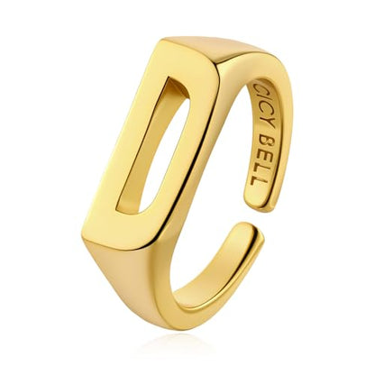 Cicy Bell Initial Rings for Women 18k Gold Plated Adjustable Rings | Open Signet Rings, Bold Letter, Personalized Engraved, For Party - color: Initial-D