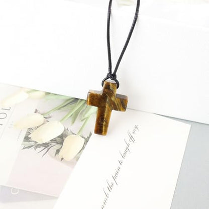 FANASY Natural Gemstone Pendant Necklace for Men Healing Crystal Pendant Adjustable Black Rope Necklace Jewelry Gifts for Women Men - color: X- Cross Tiger's Eye