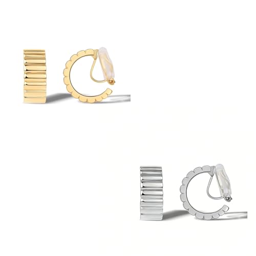 FAN&LOUIS Gold Silver Clip On Hoop Earrings, 14K Chunky Gold Small Hoops Lightweight Clip-On Earrings for Women Trendy│Chic Boho Ribbed Croissant Scallop Statement Clip Earrings Teen Gifts - style: Gold and Silver