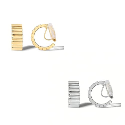 FAN&LOUIS Gold Silver Clip On Hoop Earrings, 14K Chunky Gold Small Hoops Lightweight Clip-On Earrings for Women Trendy│Chic Boho Ribbed Croissant Scallop Statement Clip Earrings Teen Gifts - style: Gold and Silver