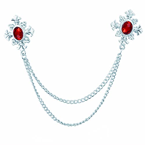 Elegant Cross With Hanging Chain Brooch Gold Silver Plated Oval Crystal Rhinestone Corsage Tassel Chain Suit Jacket Brooch Pin for Men Husband Gifts - color: silver+red