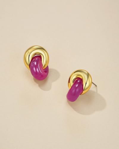 Small Twist Interlock Chunky 18K gold plated Gemstone Natural Stone (Brown, Green, Pink, White) Statement Earrings for Women by SNGIA, Dainty Love Knot Tiger Eye Amber Jade Tourmaline Bold Handmade Exaggerated Dome Retro Rounded Button Half Ball Trendy Bo