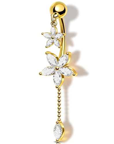 Melighting 14G Lotus Belly Button Ring Dangle Navel Ring Surgical Steel | 316L Reverse Belly Piercing Jewelry AAA Cubic Zircon, 10 mm Silver Gold Double Flower Barbell Bar Body Jewellery for Women - color: Gold Lotus