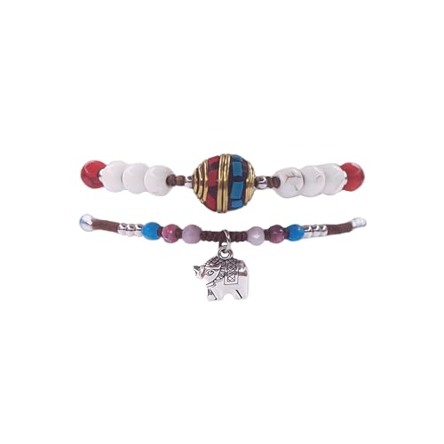 Petite Adjustable Boho Bracelet for Small Wrists 6-7.5 Inch - Handmade Nepalese Buddhist Prayer Bracelet with Elephant Charm, Brass Bell, Turquoise Stone & Tibetan Mantra Beads, Spiritual Lucky Gift - color: Silver-2Pcs