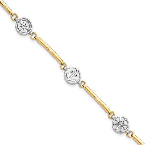 Diamond2Deal 14K Two-tone Gold Polished Compass/Anchor/Ships Wheel Bracelet 7" Plus 1 inch Ext.