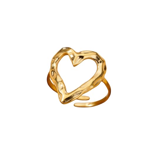 Chunky Gold Heart Statement Ring for Women Silver Big Hollow Heart Statement Ring Minimalist Open Adjustable Big Heart Ring Trendy Jewelry Gift for Women - color: Gold