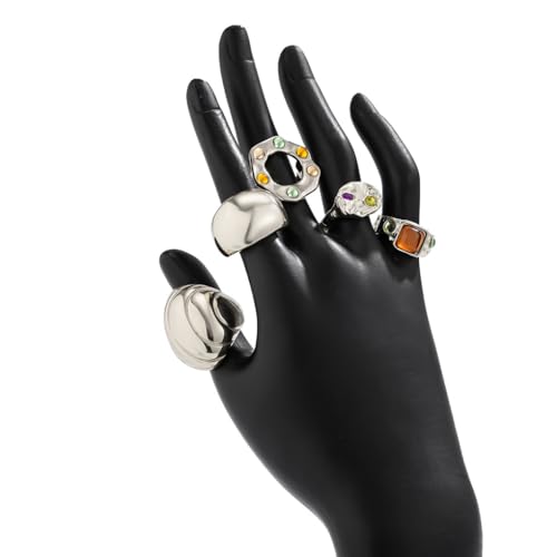 5Pcs Chunky Gold Rings for Women,Stackable Large Dome Knuckle Rings,Thick Gold Crystal Finger Rings Set Trendy Jewelry - color: Silver