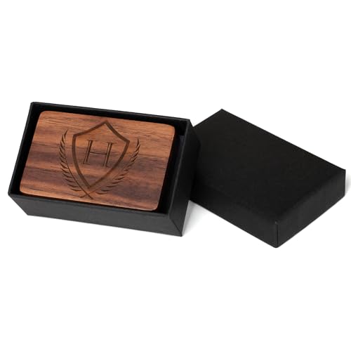 Mens Initial Cufflinks and Tie Clip A-Z Alphabet Letter Black Stainless Cuff Links Tie Bar with Engraved Walnut Wood Box Groom Groomsman Wedding Set - style: Classic-H