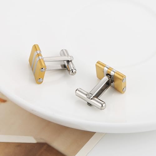 HZMAN Two-Tone Stripe Cufflinks for Men, Stainless Steel High Polished Dress Shirt Cuff Links, Formal Accessories for Wedding Business Party