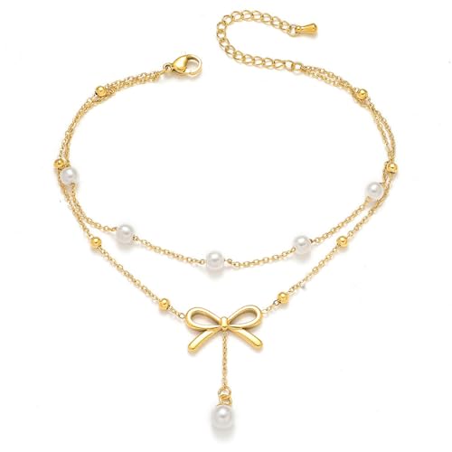 Kokoma Bow Knots Pearl Dangle Anklet for Women Elegant Bows Double Layered Anklets Chain Stackable Adjustable Foot Link Chains Jewelry Stainless Steel