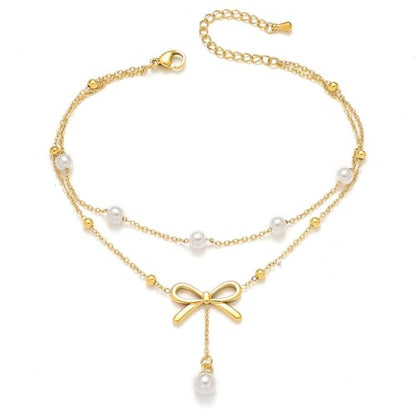 Kokoma Bow Knots Pearl Dangle Anklet for Women Elegant Bows Double Layered Anklets Chain Stackable Adjustable Foot Link Chains Jewelry Stainless Steel