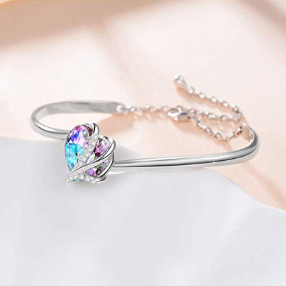 AOBOCO I Love You Jewelry - Sterling Silver Blue Purple Love Heart Bangle Bracelet Embellished with Crystals from Austria, Fine Anniversary Birthday Jewelry Gifts for Women - style: 01 Blue Purple Bracelet