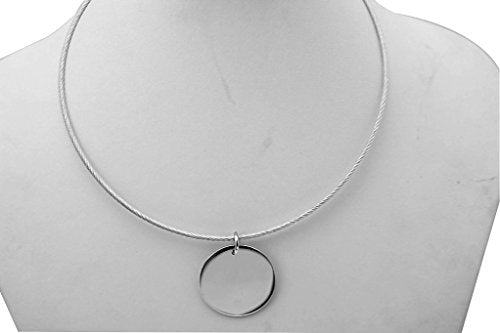 Choker Necklace Silver Stainless Steel Wire Statement Collar Simple Coin Pendant Necklace 18"