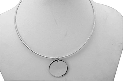 Choker Necklace Silver Stainless Steel Wire Statement Collar Simple Coin Pendant Necklace 18"