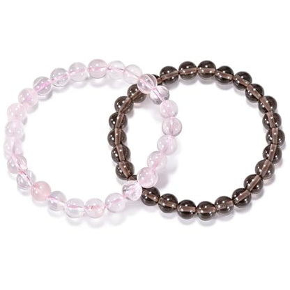2PCS Agate Bracelet for Women Men Natural Round Beaded Agates Stone Healing Stretch Bracelets Elastic Handmade Polished Gemstone Beads Bracelet - color: Grey+Pink Quartz, size: 8mm Beads