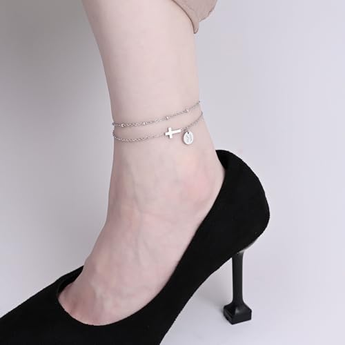 Gold Cross Ankle Bracelets for Women | Anklets for Women Waterproof with Initial Charm (A-Z) | Non Tarnish Summer Beach Jewelry Gifts for Her - color: Silver H