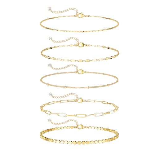 Dainty Ankle Bracelets for Women Waterproof | Layered Gold Plated Tennis Cuban Snake Rope Paperclip Beaded Link Chains Set, Summer Beach Jewelry Gift - color: Gold Anklet C