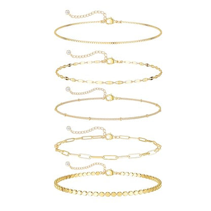 Dainty Ankle Bracelets for Women Waterproof | Layered Gold Plated Tennis Cuban Snake Rope Paperclip Beaded Link Chains Set, Summer Beach Jewelry Gift - color: Gold Anklet C