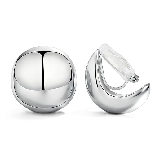 FAN&LOUIS Gold Ball Clip On Earrings, 24K Gold Plated Chunky Half Ball Earrings for Women Non-Pierced Ears Trendy Lightweight Hypoallergenic Clip-On Earrings - style: Silver