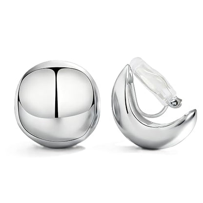 FAN&LOUIS Gold Ball Clip On Earrings, 24K Gold Plated Chunky Half Ball Earrings for Women Non-Pierced Ears Trendy Lightweight Hypoallergenic Clip-On Earrings - style: Silver