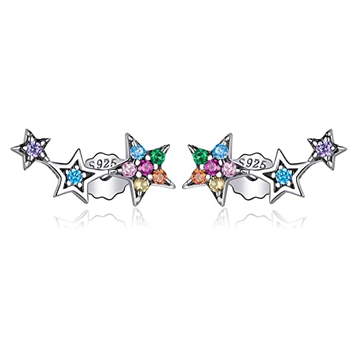 Qings 925 Sterling Silver Stars Earrings, colorful Cubic Zirconia Climber Earrings Hypoallergenic Stud Earrings for Women, Gift boxed